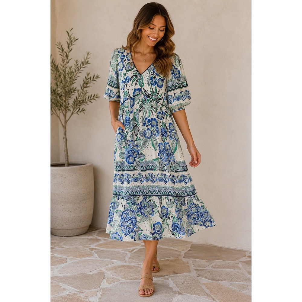Fig + Flower Midi Dress M White Blue Floral Puff Sleeve Tiered Boho Summer
